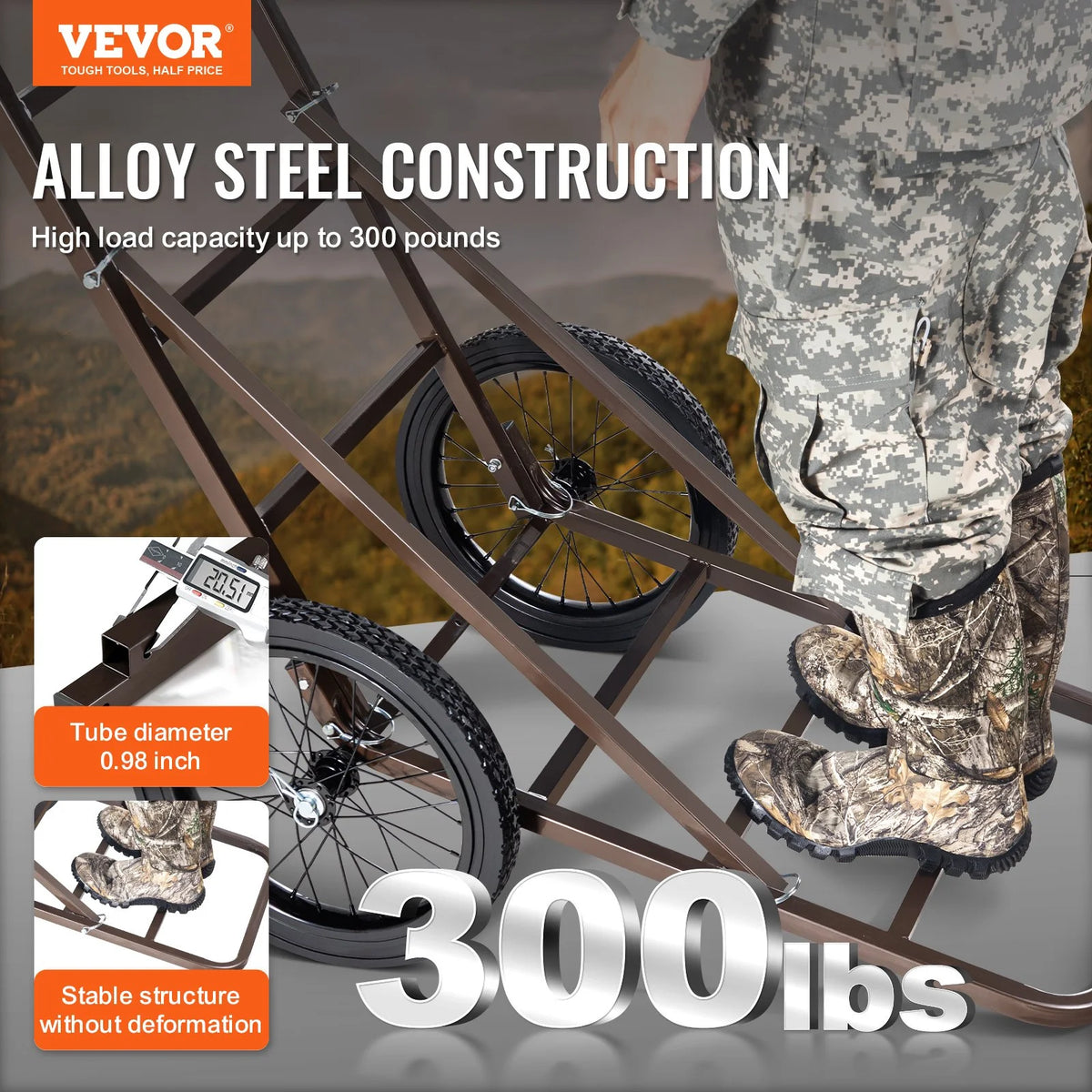 VEVOR Deer Cart, 300 LBS Capacity Folding Game Cart, Deer Cart Game Hauler with Big Rubber Wheels & Ergonomic Handle, Heavy-Duty Game Cart Accessories, Utility Gear Dolly for Hunting Fishing Hiking - View 3