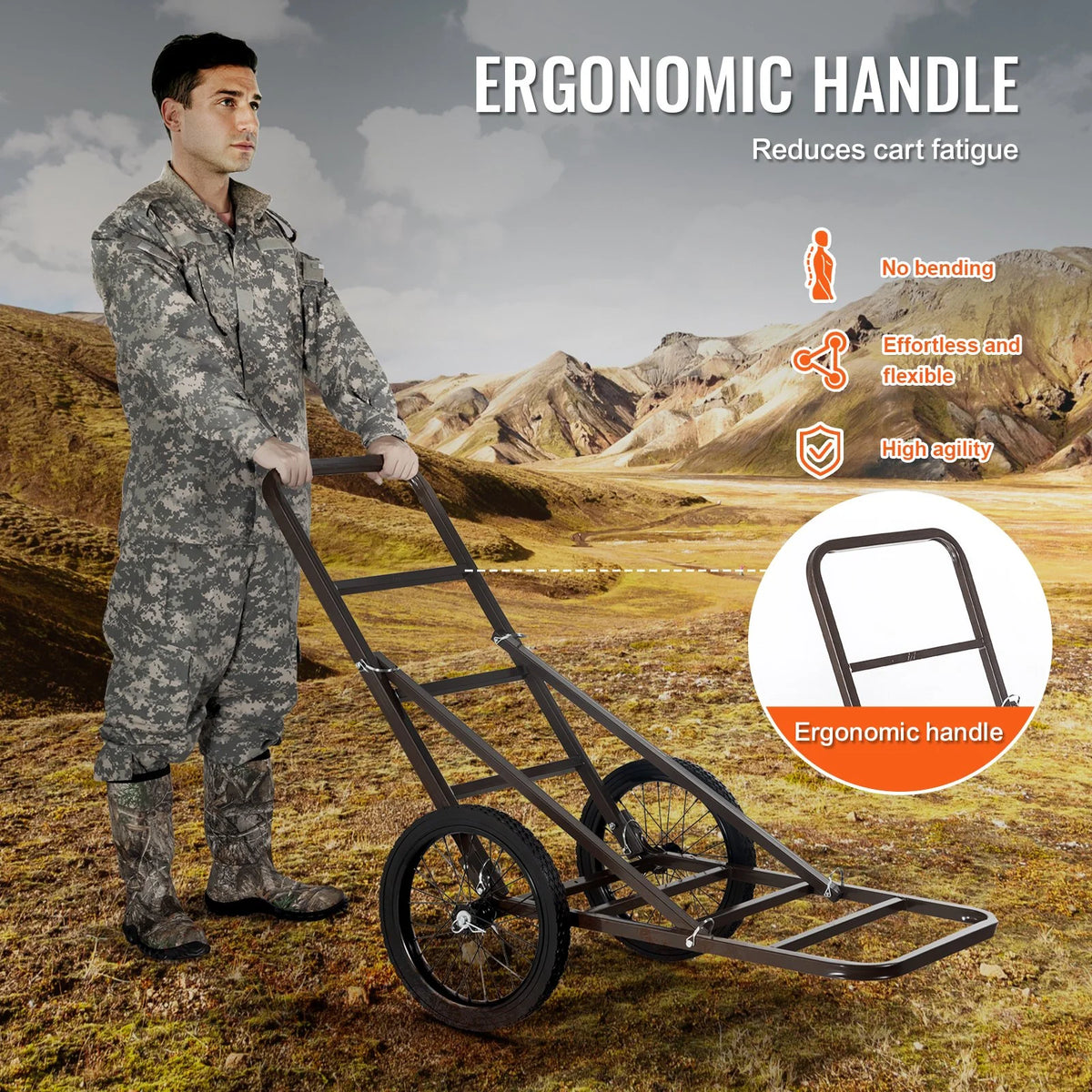 VEVOR Deer Cart, 300 LBS Capacity Folding Game Cart, Deer Cart Game Hauler with Big Rubber Wheels & Ergonomic Handle, Heavy-Duty Game Cart Accessories, Utility Gear Dolly for Hunting Fishing Hiking - View 6