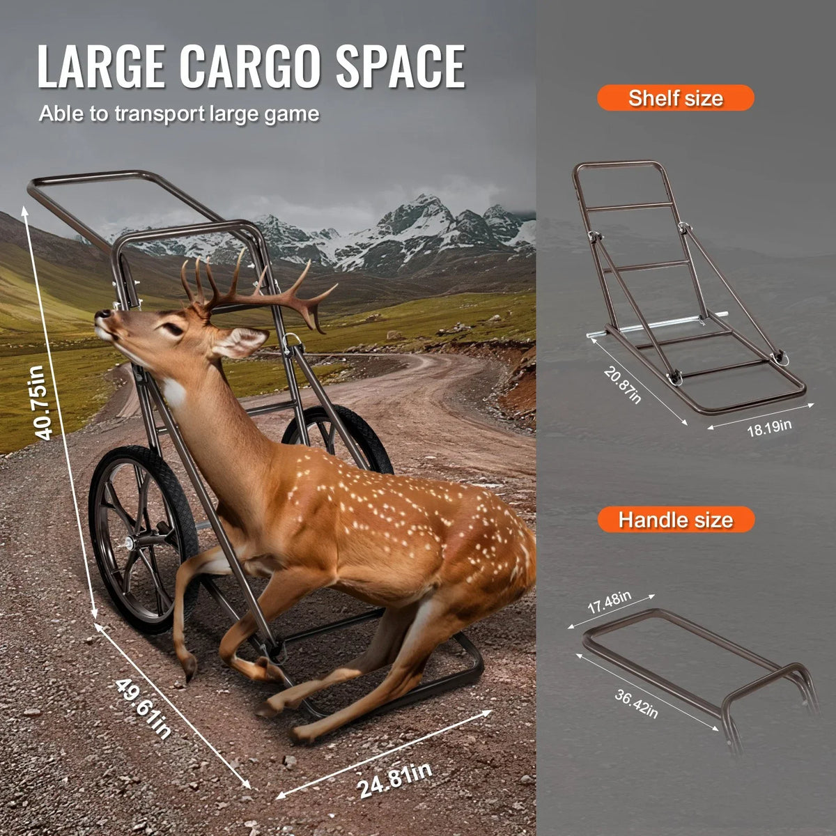 VEVOR Deer Cart, 500 LBS Capacity Folding Game Cart, Deer Cart Game Hauler with 17" Big Rubber Wheel & Ergonomic Handle, Heavy-Duty Game Cart Accessories, Utility Gear Dolly for Hunting Fishing Hiking - View 3