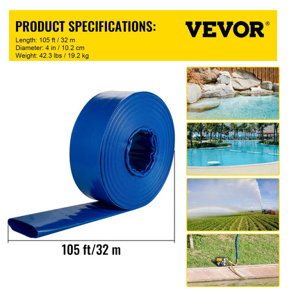 VEVOR Discharge Hose, 4" x 105', PVC Lay Flat Hose, Heavy Duty Backwash Drain Hose with Clamps, Weather-proof & Burst-proof, Ideal for Swimming Pool & Water Transfer, Blue - View 6