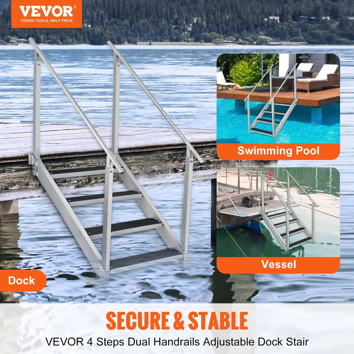 VEVOR Dock Ladder 4 Step, Dock Stairs 30''-38'' Adjustable Height, 500 lbs Load Capacity, Aluminum Pontoon Boat Ladder with Dual Handrails & Nonslip Mat for Ship/Lake/Pool/Marine Boarding
