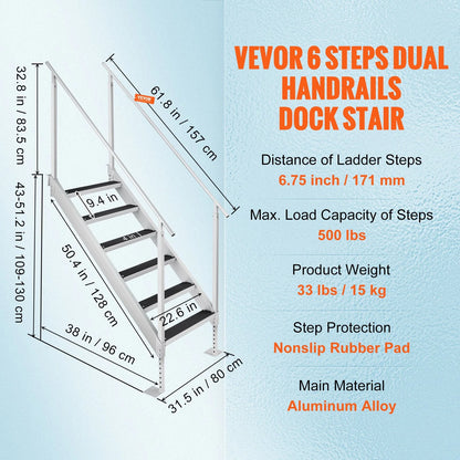 VEVOR Dock Ladder, 43''-51'' Adjustable Height, 500 lbs Load Capacity, Aluminum Alloy 6 Steps Pontoon Boat Ladder with Dual Handrails & Nonslip Mat, Ideal for Ship/Lake/Pool/Marine Boarding - View 7