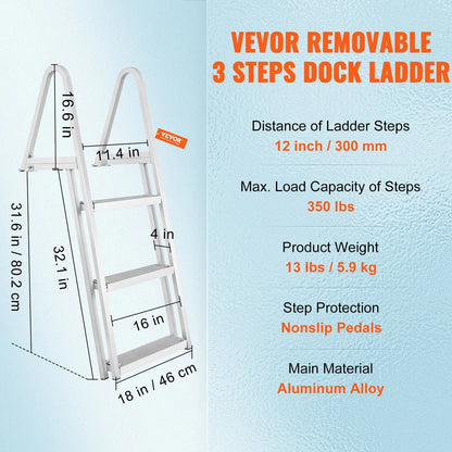 VEVOR Dock Ladder, Removable 3 Steps, 350 lbs Load Capacity, Aluminum Alloy Pontoon Boat Ladder with 4'' Wide Step & Nonslip Mat, Easy to Install for Ship/Lake/Pool/Marine Boarding - View 16