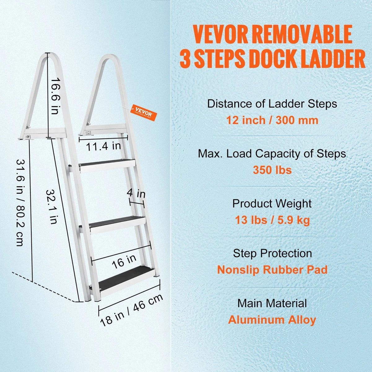VEVOR Dock Ladder, Removable 3 Steps, 350 lbs Load Capacity, Aluminum Alloy Pontoon Boat Ladder with 4'' Wide Step & Nonslip Mat, Easy to Install for Ship/Lake/Pool/Marine Boarding - View 7