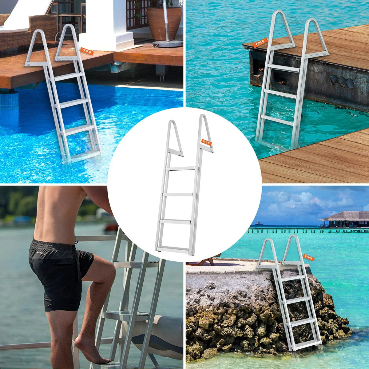 VEVOR Dock Ladder, Removable 4 Steps, 350 lbs Load Capacity, Aluminum Alloy Pontoon Boat Ladder with 4'' Wide Step & Nonslip Mat, Easy to Install for Ship/Lake/Pool/Marine Boarding - View 5