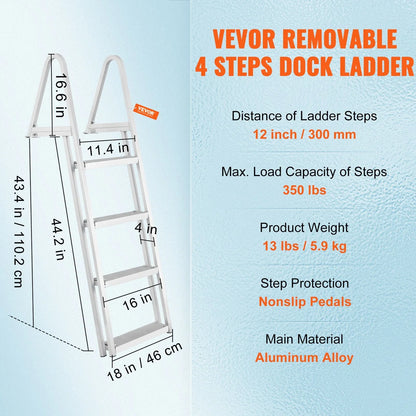 VEVOR Dock Ladder, Removable 4 Steps, 350 lbs Load Capacity, Aluminum Alloy Pontoon Boat Ladder with 4'' Wide Step & Nonslip Mat, Easy to Install for Ship/Lake/Pool/Marine Boarding - View 6