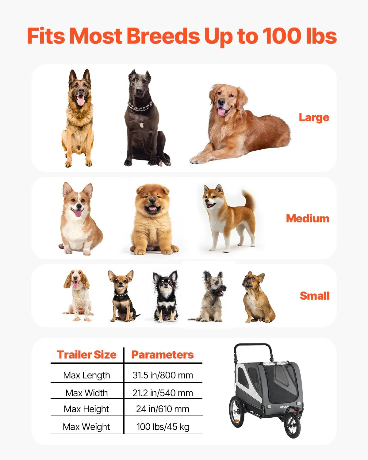 VEVOR Dog Bike Trailer, Supports up to 100 lbs, 2-in-1 Pet Stroller Cart Bicycle Carrier for Small & Large Dogs, Easy Folding Frame with Quick Release Wheel, Universal Bicycle Coupler, Internal Leash - View 2