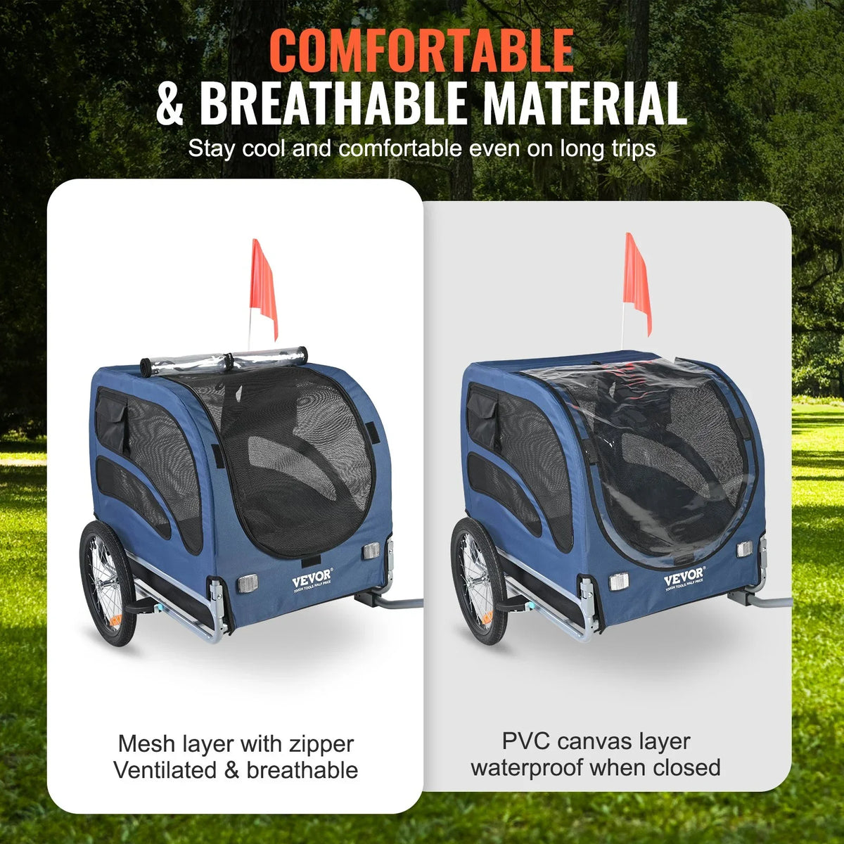 VEVOR Dog Bike Trailer, Supports up to 100 lbs, Pet Cart Bicycle Carrier, Easy Folding Frame with Quick Release Wheels, Universal Bicycle Coupler, Reflectors, Flag, Collapsible to Store, Blue/Black - View 3