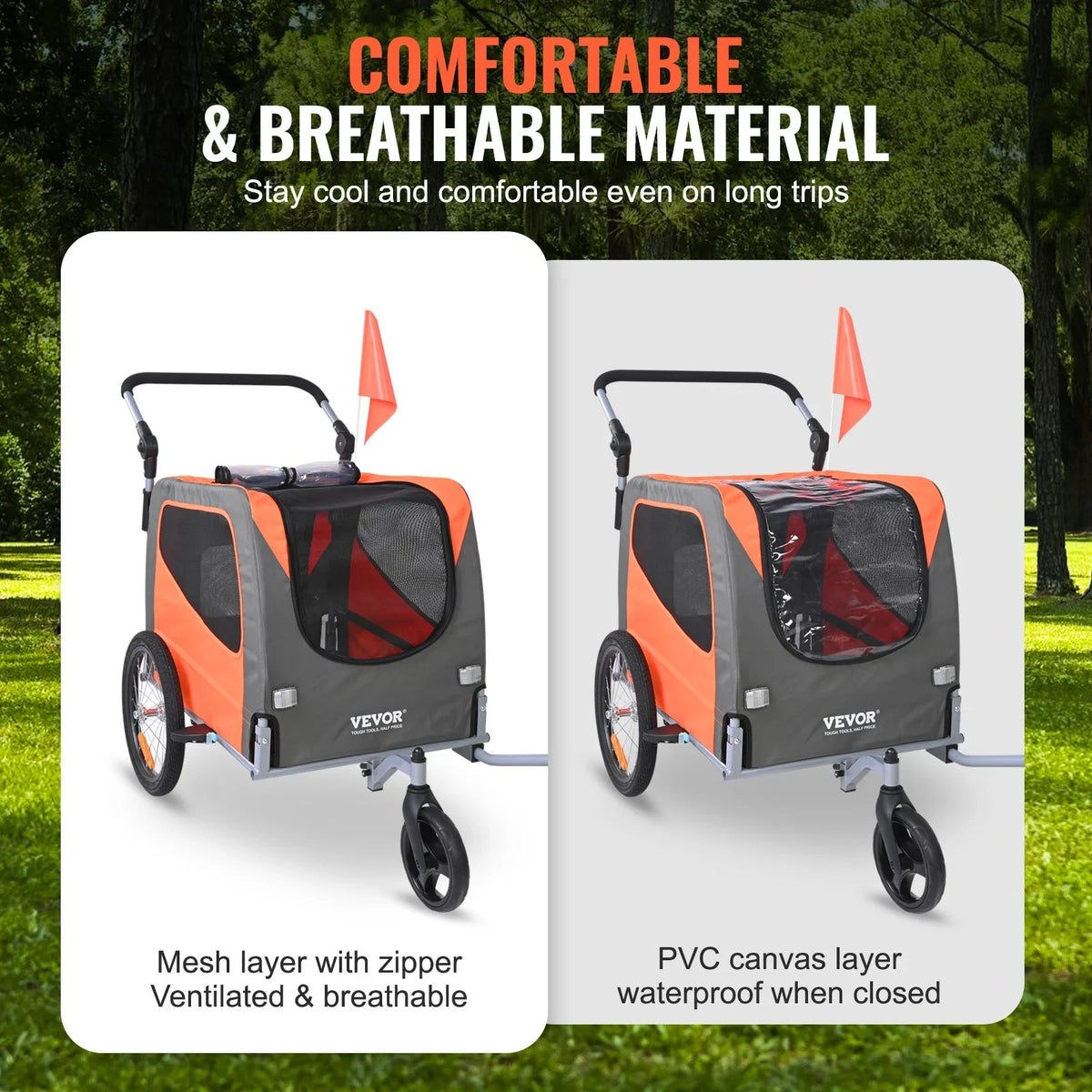 VEVOR Dog Bike Trailer, Supports up to 66 lbs, 2-in-1 Pet Stroller Cart Bicycle Carrier, Easy Folding Cart Frame with Quick Release Wheels, Universal Bicycle Coupler, Reflectors, Flag, Orange/Gray - View 12