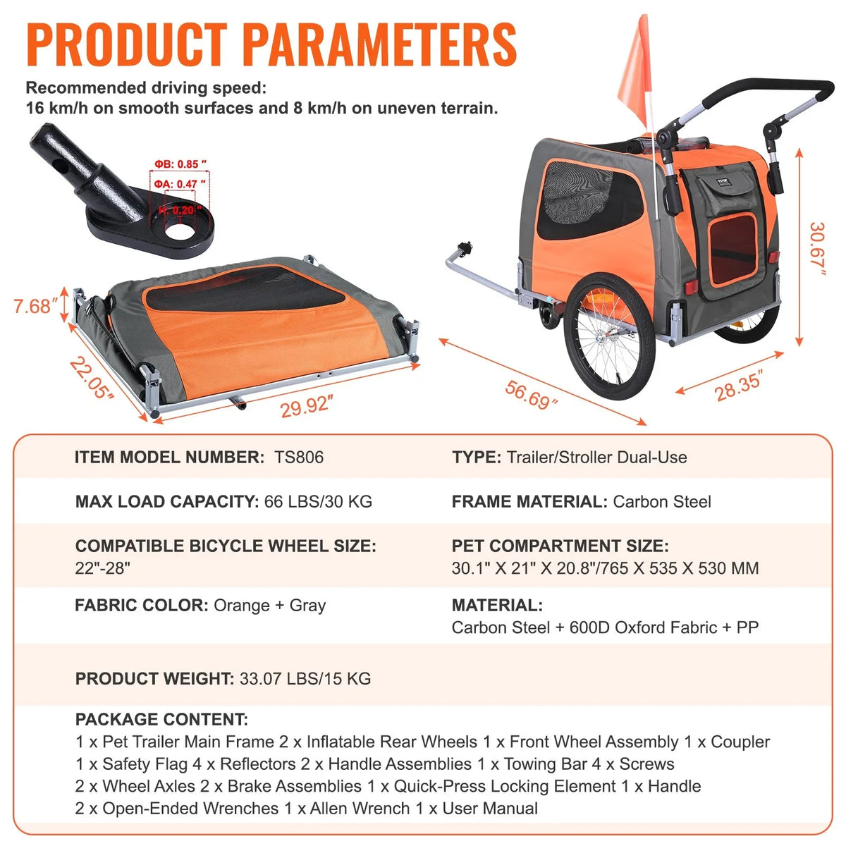 VEVOR Dog Bike Trailer, Supports up to 66 lbs, 2-in-1 Pet Stroller Cart Bicycle Carrier, Easy Folding Cart Frame with Quick Release Wheels, Universal Bicycle Coupler, Reflectors, Flag, Orange/Gray - View 13