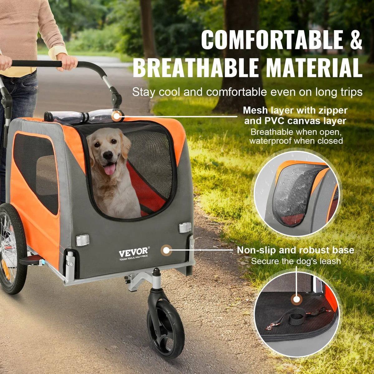 VEVOR Dog Bike Trailer, Supports up to 66 lbs, 2-in-1 Pet Stroller Cart Bicycle Carrier, Easy Folding Cart Frame with Quick Release Wheels, Universal Bicycle Coupler, Reflectors, Flag, Orange/Gray - View 19