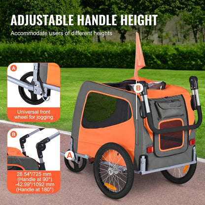 VEVOR Dog Bike Trailer, Supports up to 66 lbs, 2-in-1 Pet Stroller Cart Bicycle Carrier, Easy Folding Cart Frame with Quick Release Wheels, Universal Bicycle Coupler, Reflectors, Flag, Orange/Gray - View 2