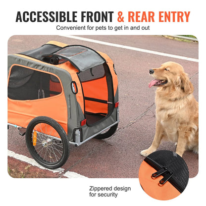 VEVOR Dog Bike Trailer, Supports up to 66 lbs, 2-in-1 Pet Stroller Cart Bicycle Carrier, Easy Folding Cart Frame with Quick Release Wheels, Universal Bicycle Coupler, Reflectors, Flag, Orange/Gray - View 4