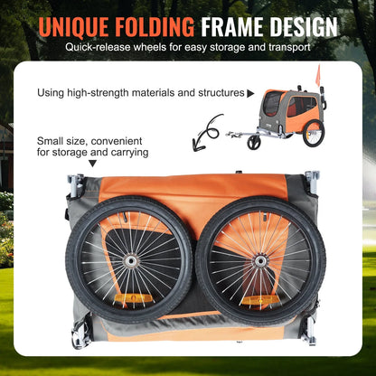 VEVOR Dog Bike Trailer, Supports up to 66 lbs, 2-in-1 Pet Stroller Cart Bicycle Carrier, Easy Folding Cart Frame with Quick Release Wheels, Universal Bicycle Coupler, Reflectors, Flag, Orange/Gray - View 5