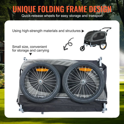 VEVOR Dog Bike Trailer, Supports up to 88 lbs, 2-in-1 Pet Stroller Cart Bicycle Carrier, Easy Folding Cart Frame with Quick Release Wheels, Universal Bicycle Coupler, Reflectors, Flag, Black/Gray - View 5