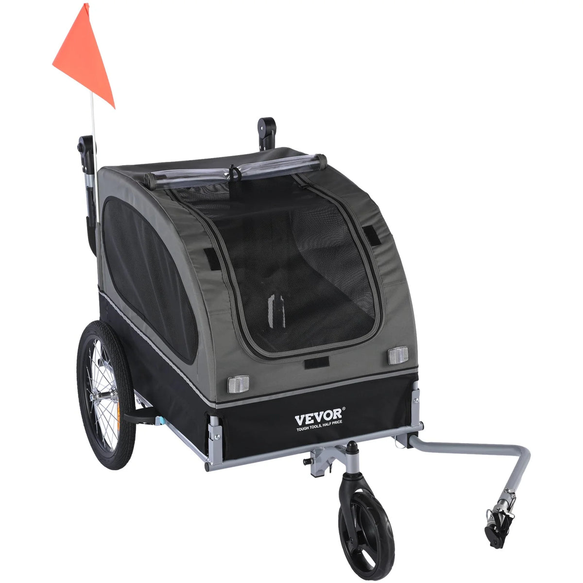 VEVOR Dog Bike Trailer, Supports up to 88 lbs, 2-in-1 Pet Stroller Cart Bicycle Carrier, Easy Folding Cart Frame with Quick Release Wheels, Universal Bicycle Coupler, Reflectors, Flag, Black/Gray - View 8