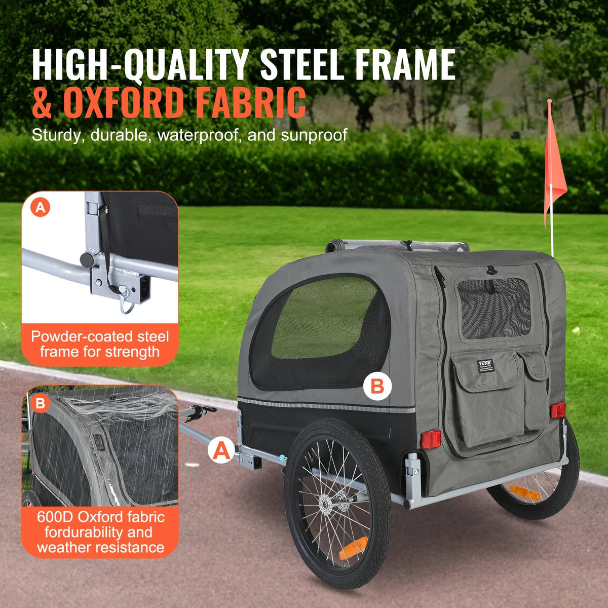 VEVOR Dog Bike Trailer, Supports up to 88 lbs, Pet Cart Bicycle Carrier, Easy Folding Frame with Quick Release Wheels, Universal Bicycle Coupler, Reflectors, Flag, Collapsible to Store, Black/Gray - View 2