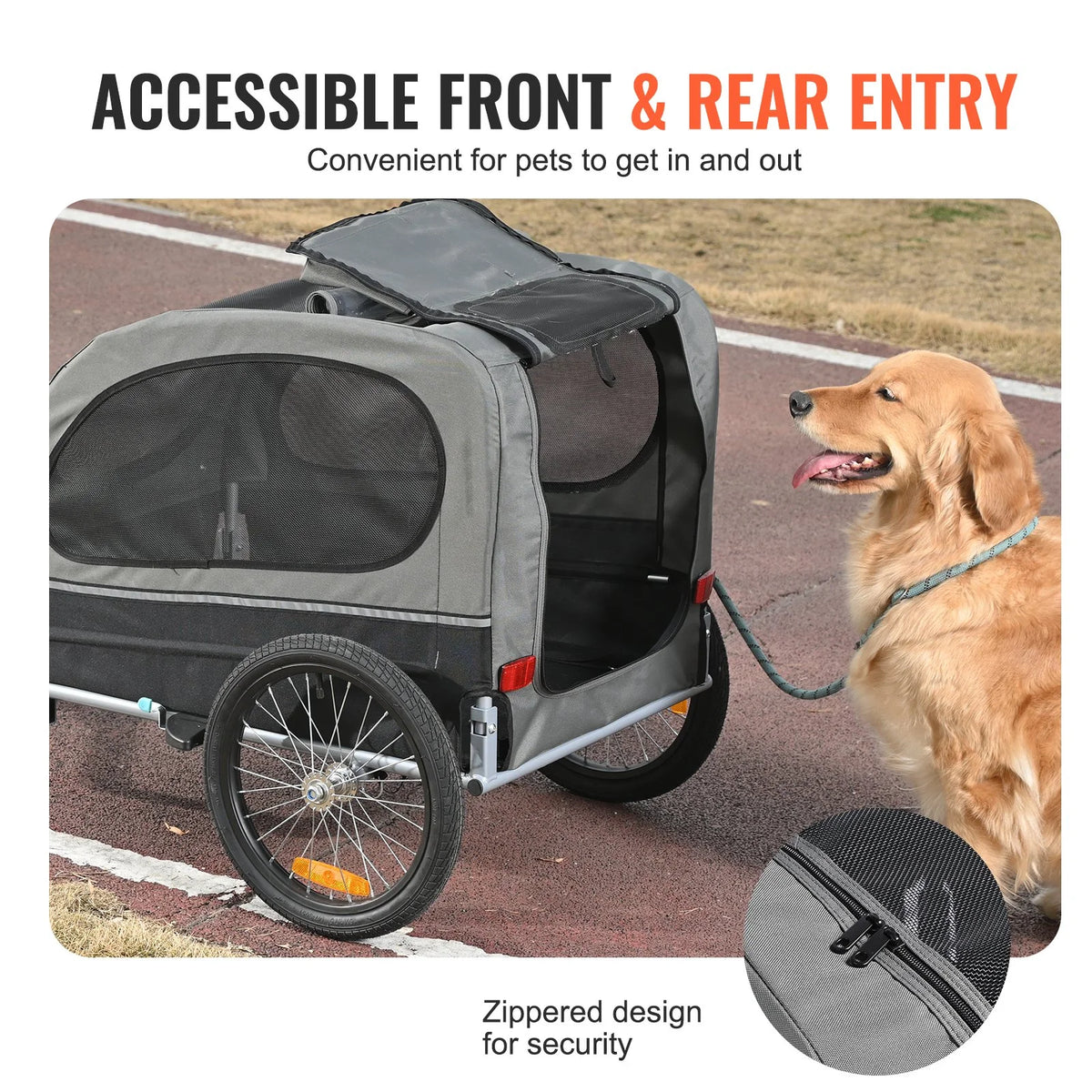 VEVOR Dog Bike Trailer, Supports up to 88 lbs, Pet Cart Bicycle Carrier, Easy Folding Frame with Quick Release Wheels, Universal Bicycle Coupler, Reflectors, Flag, Collapsible to Store, Black/Gray - View 4