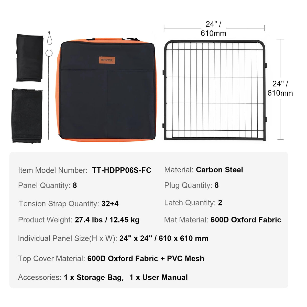 VEVOR Dog Playpen, 8 Pcs 24 x 24 in Panels Foldable Metal Pet Exercise Pen, Dog Fence Indoor and Outdoor Pen with Door, Storage Bag, Top Cover and Bottom Pad, for Dogs, Cats and Other Small Animals - View 6
