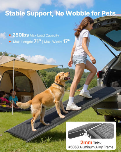 VEVOR Dog Ramp for Cars, 71" L x 17" W, Folding Pet Ramps for Medium & Large Dogs up to 250lbs, Pet Stair Ramp with Non-Slip Felt Rug Surface, Portable Outdoor Dog Car Ramps for SUV & Truck