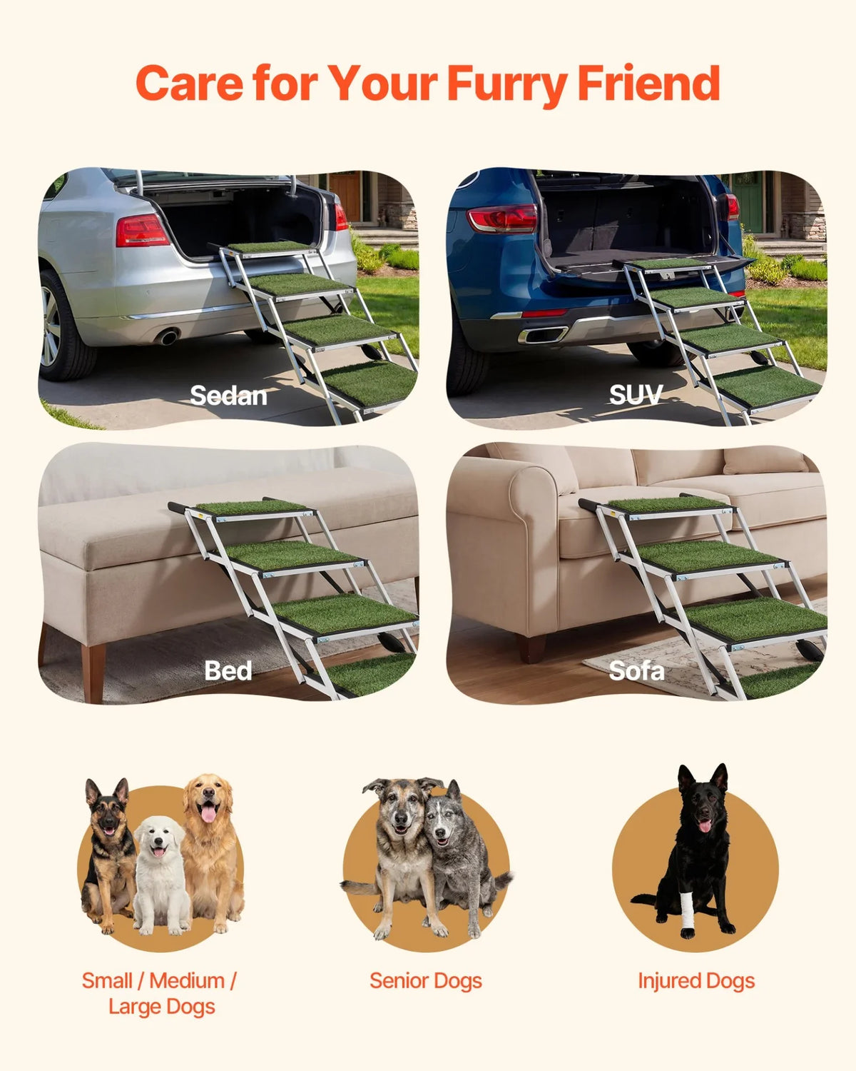 VEVOR Dog Stairs for Car, 4 Steps Extra Wide Foldable Dog Ramp for Large Dogs with Non-Slip Surface, Portable Lightweight Pet Stairs Ladder for Car, SUV, Truck, High Bed, Sofa, Support up to 200 lbs - View 5