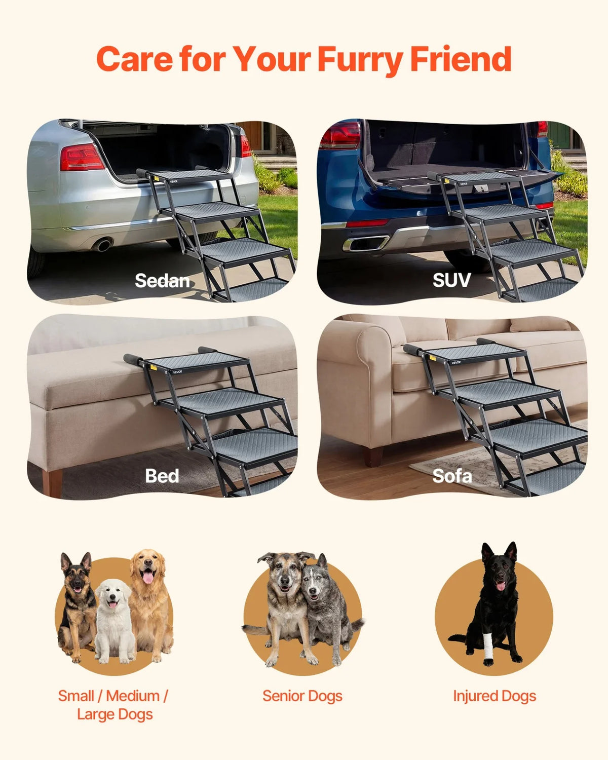 VEVOR Dog Stairs for Car, 4 Steps Extra Wide Foldable Dog Ramp for Large Dogs with Non-Slip Surface, Portable Lightweight Pet Stairs Ladder for Car, SUV, Truck, High Bed, Sofa, Support up to 400 lbs - View 5