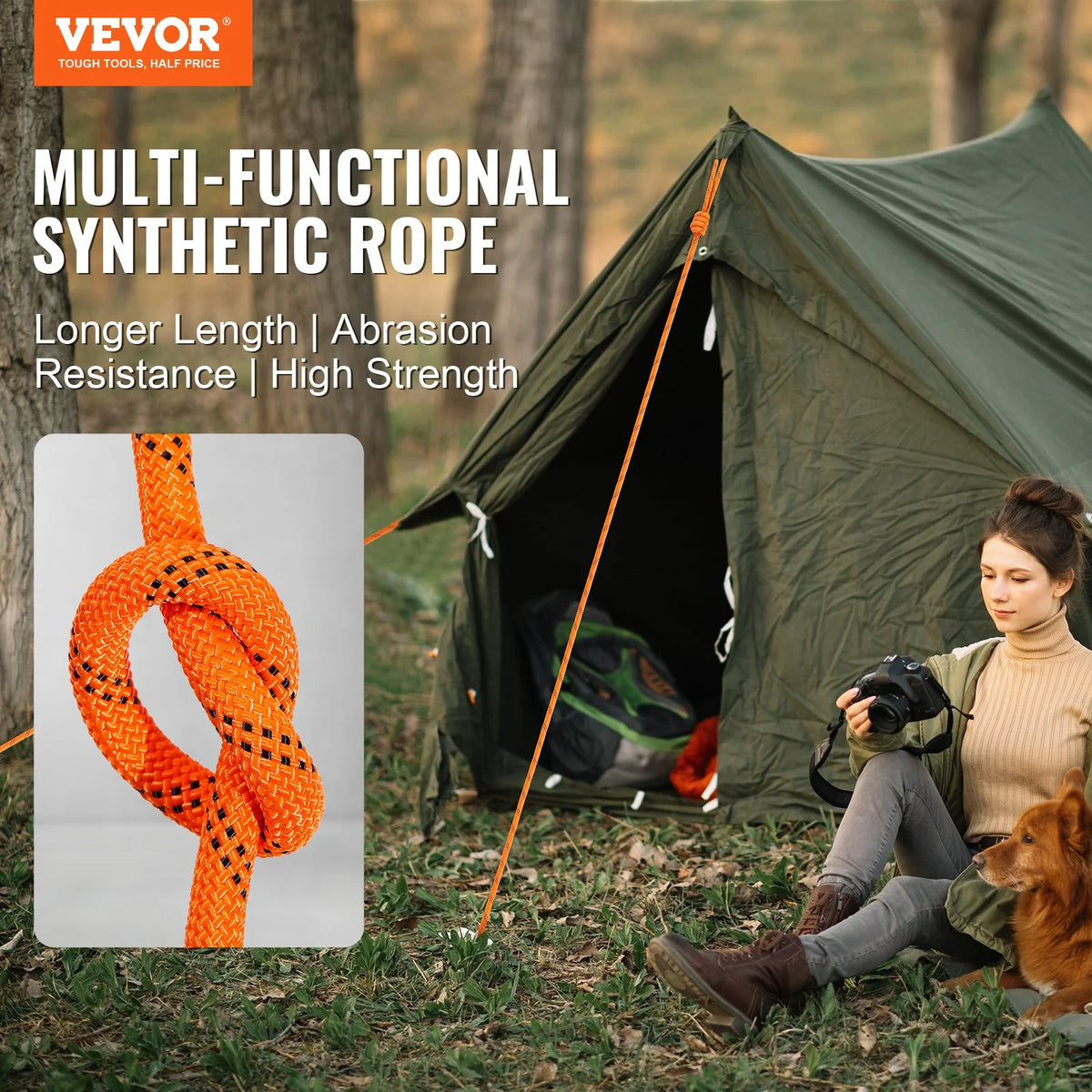 VEVOR Double Braided Polyester Rope, 1/2 in x 120 ft, 48 Strands, 8000 LBS Breaking Strength Outdoor Climbing Rope, Arborist Rigging Rope for Rock Hiking Camping Swing Rappelling Rescue, Orange/Black - View 11