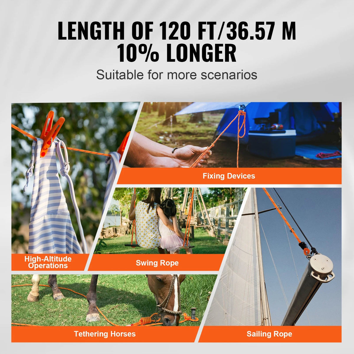 VEVOR Double Braided Polyester Rope, 1/2 in x 120 ft, 48 Strands, 8000 LBS Breaking Strength Outdoor Climbing Rope, Arborist Rigging Rope for Rock Hiking Camping Swing Rappelling Rescue, Orange/Black - View 12