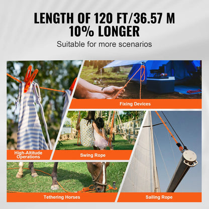 VEVOR Double Braided Polyester Rope, 1/2 in x 120 ft, 48 Strands, 8000 LBS Breaking Strength Outdoor Climbing Rope, Arborist Rigging Rope for Rock Hiking Camping Swing Rappelling Rescue, Orange/Black - View 12