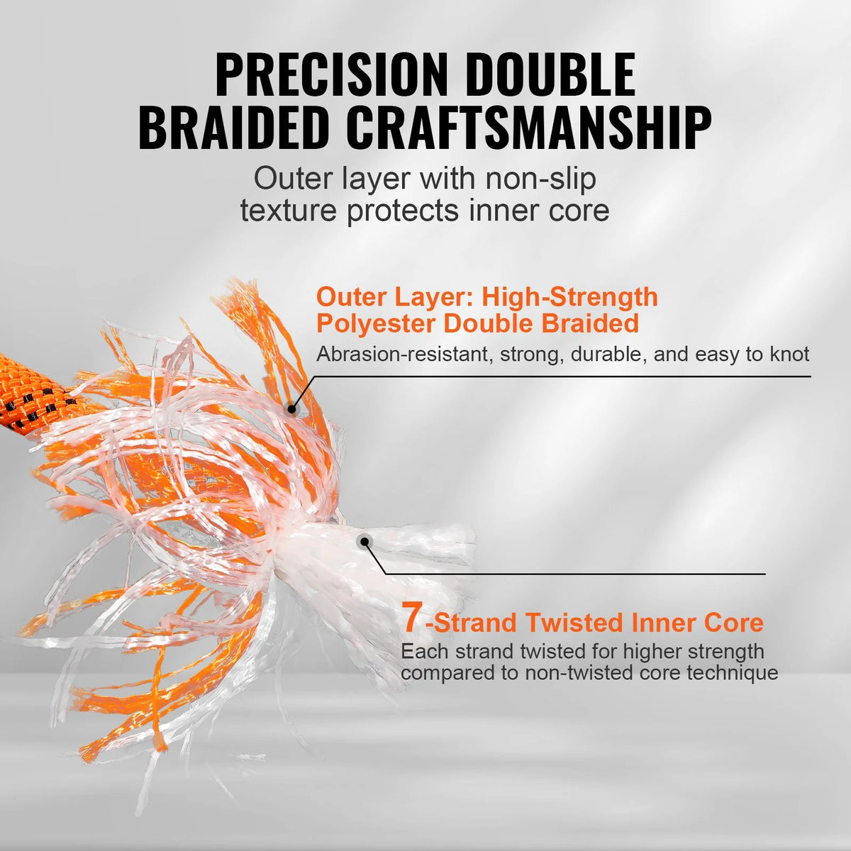 VEVOR Double Braided Polyester Rope, 1/2 in x 120 ft, 48 Strands, 8000 LBS Breaking Strength Outdoor Climbing Rope, Arborist Rigging Rope for Rock Hiking Camping Swing Rappelling Rescue, Orange/Black - View 2