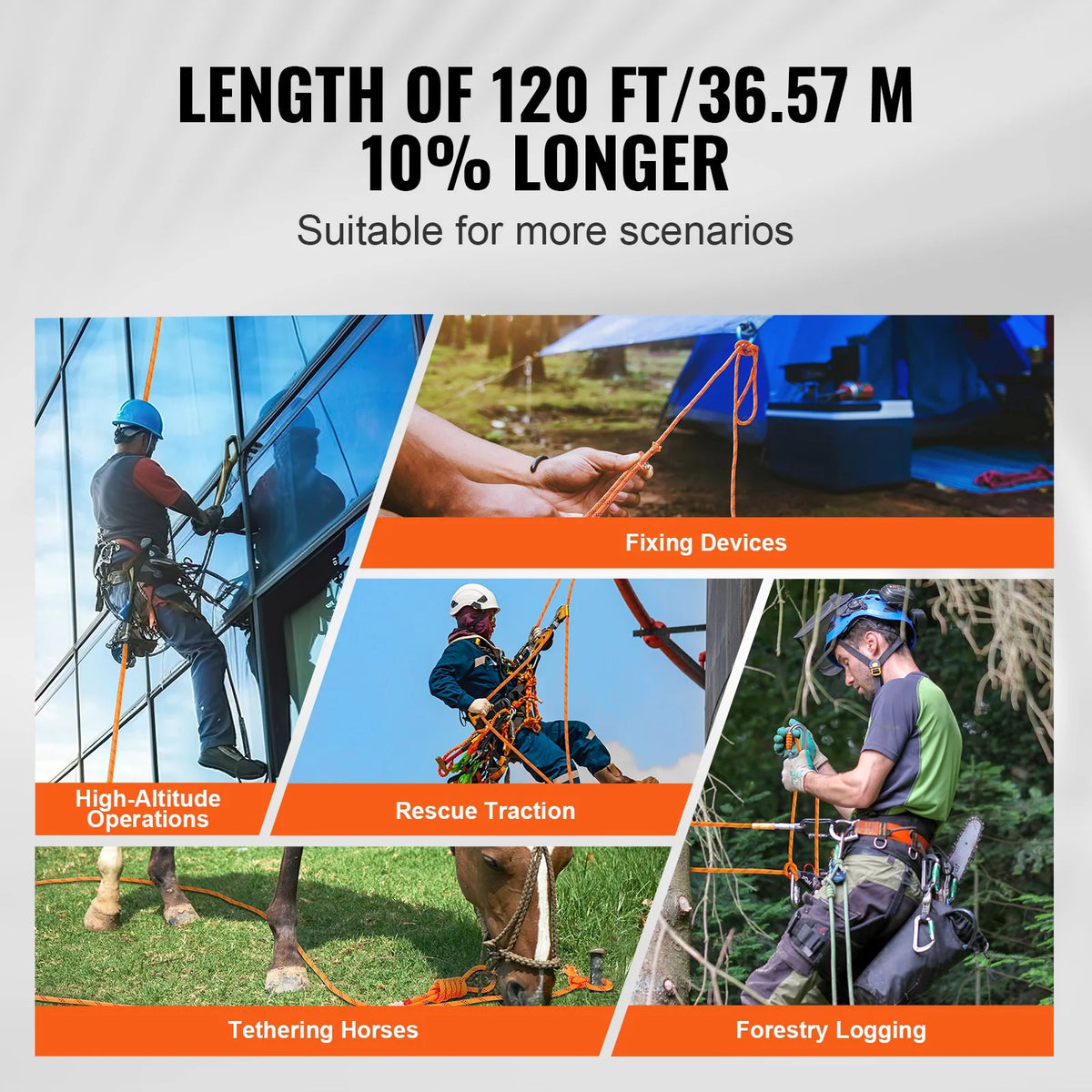 VEVOR Double Braided Polyester Rope, 1/2 in x 120 ft, 48 Strands, 8000 LBS Breaking Strength Outdoor Climbing Rope, Arborist Rigging Rope for Rock Hiking Camping Swing Rappelling Rescue, Orange/Black - View 3