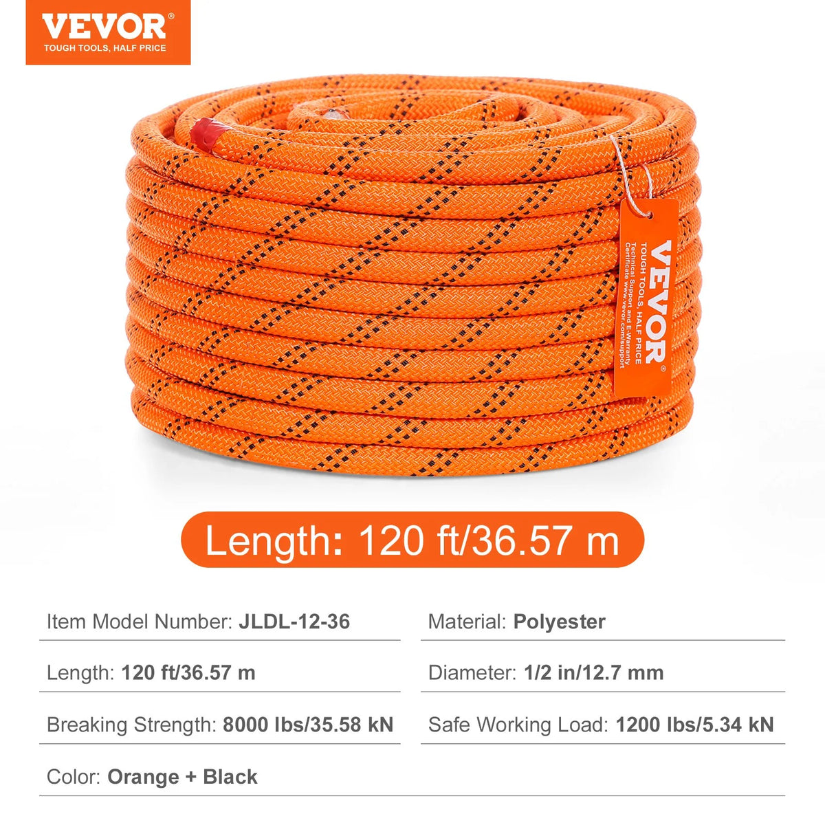 VEVOR Double Braided Polyester Rope, 1/2 in x 120 ft, 48 Strands, 8000 LBS Breaking Strength Outdoor Climbing Rope, Arborist Rigging Rope for Rock Hiking Camping Swing Rappelling Rescue, Orange/Black - View 6