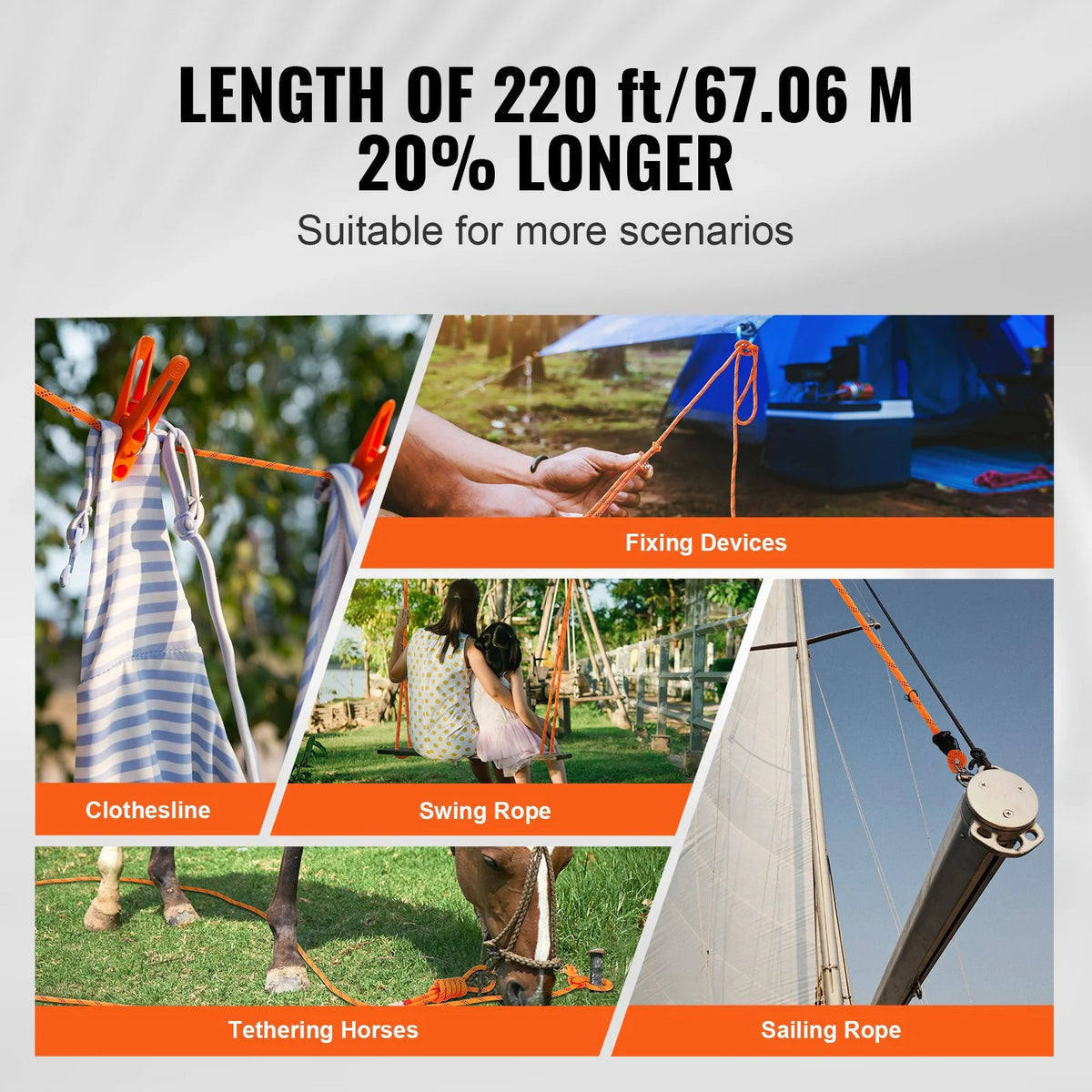 VEVOR Double Braided Polyester Rope, 1/2 in x 220 ft, 48 Strands, 8000 LBS Breaking Strength Outdoor Climbing Rope, Arborist Rigging Rope for Rock Hiking Camping Swing Rappelling Rescue, Orange/Black - View 12