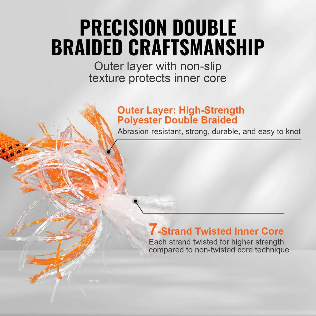 VEVOR Double Braided Polyester Rope, 1/2 in x 220 ft, 48 Strands, 8000 LBS Breaking Strength Outdoor Climbing Rope, Arborist Rigging Rope for Rock Hiking Camping Swing Rappelling Rescue, Orange/Black - View 3