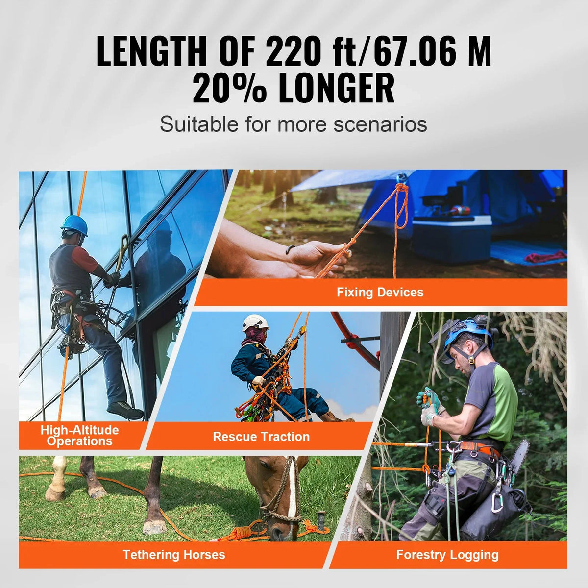 VEVOR Double Braided Polyester Rope, 1/2 in x 220 ft, 48 Strands, 8000 LBS Breaking Strength Outdoor Climbing Rope, Arborist Rigging Rope for Rock Hiking Camping Swing Rappelling Rescue, Orange/Black - View 4