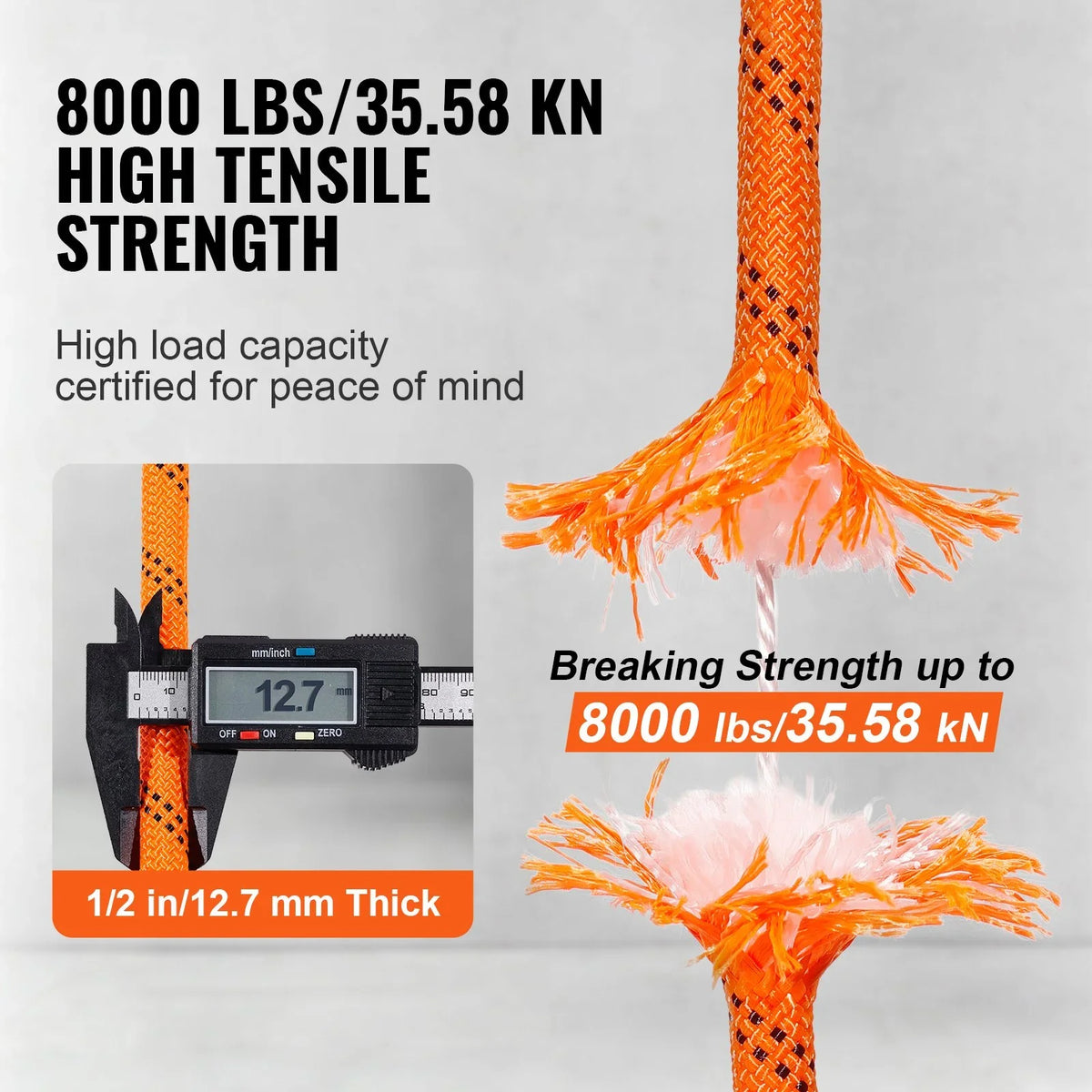 VEVOR Double Braided Polyester Rope, 1/2 in x 220 ft, 48 Strands, 8000 LBS Breaking Strength Outdoor Climbing Rope, Arborist Rigging Rope for Rock Hiking Camping Swing Rappelling Rescue, Orange/Black - View 5