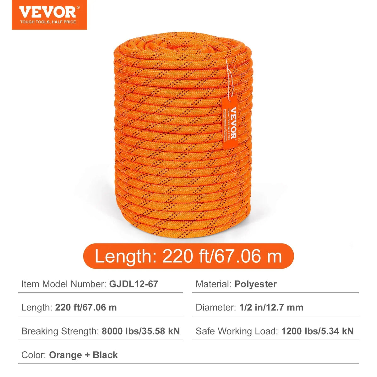 VEVOR Double Braided Polyester Rope, 1/2 in x 220 ft, 48 Strands, 8000 LBS Breaking Strength Outdoor Climbing Rope, Arborist Rigging Rope for Rock Hiking Camping Swing Rappelling Rescue, Orange/Black - View 7