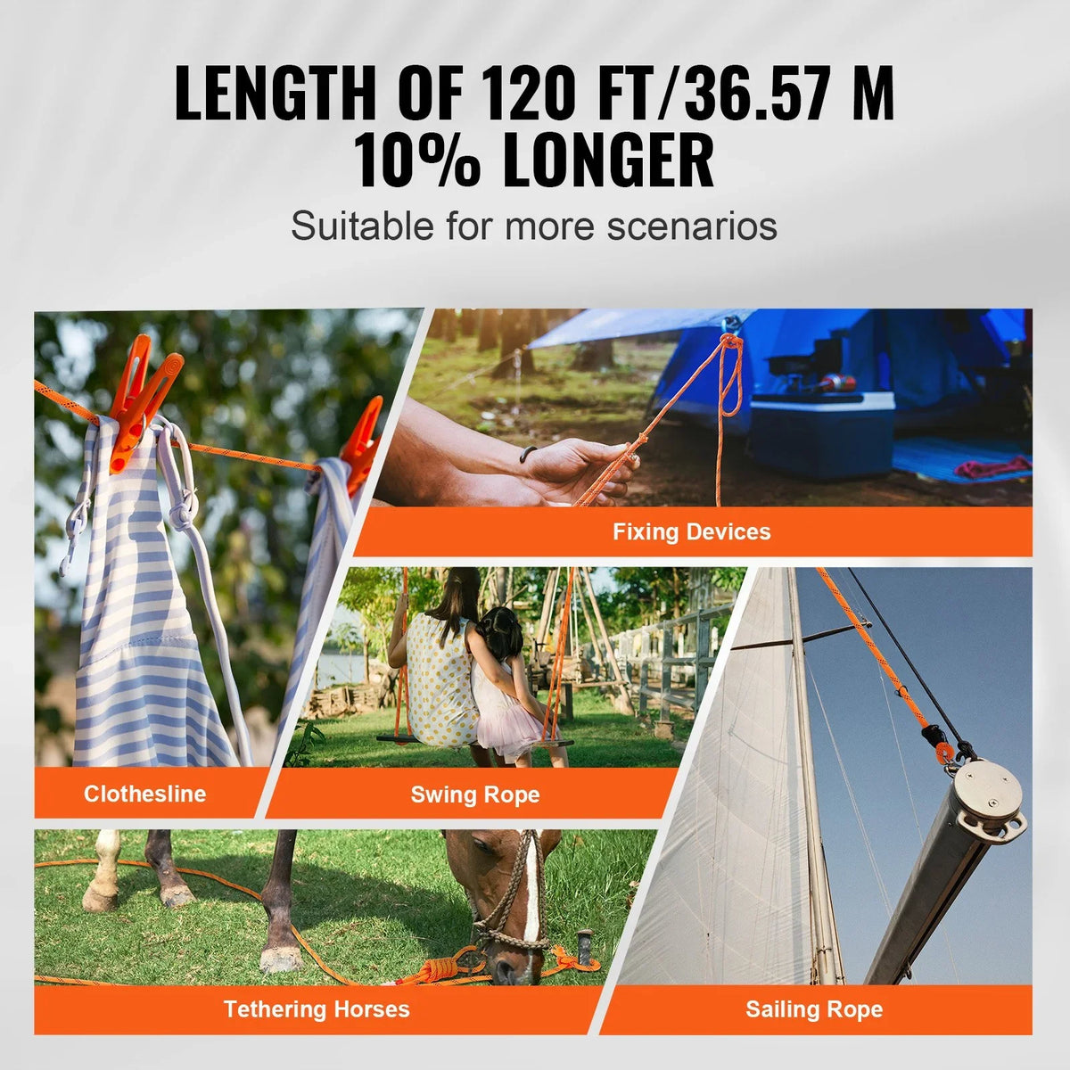 VEVOR Double Braided Polyester Rope, 3/8 in x 120 ft, 48 Strands, 4000 LBS Breaking Strength Outdoor Climbing Rope, Arborist Rigging Rope for Rock Hiking Camping Swing Rappelling Rescue, Orange/Black - View 12