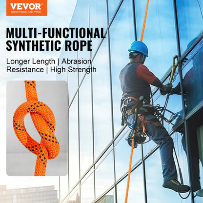 VEVOR Double Braided Polyester Rope, 3/8 in x 120 ft, 48 Strands, 4000 LBS Breaking Strength Outdoor Climbing Rope, Arborist Rigging Rope for Rock Hiking Camping Swing Rappelling Rescue, Orange/Black - View 2