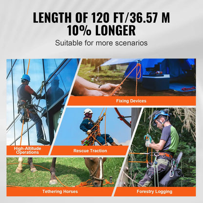 VEVOR Double Braided Polyester Rope, 3/8 in x 120 ft, 48 Strands, 4000 LBS Breaking Strength Outdoor Climbing Rope, Arborist Rigging Rope for Rock Hiking Camping Swing Rappelling Rescue, Orange/Black - View 4
