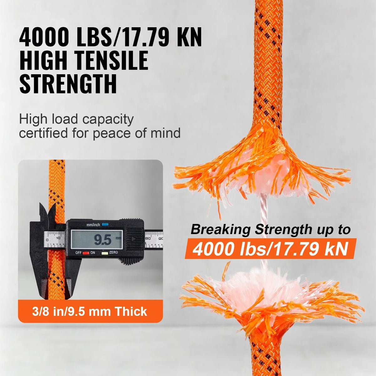 VEVOR Double Braided Polyester Rope, 3/8 in x 120 ft, 48 Strands, 4000 LBS Breaking Strength Outdoor Climbing Rope, Arborist Rigging Rope for Rock Hiking Camping Swing Rappelling Rescue, Orange/Black - View 5