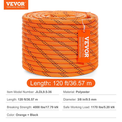 VEVOR Double Braided Polyester Rope, 3/8 in x 120 ft, 48 Strands, 4000 LBS Breaking Strength Outdoor Climbing Rope, Arborist Rigging Rope for Rock Hiking Camping Swing Rappelling Rescue, Orange/Black - View 7