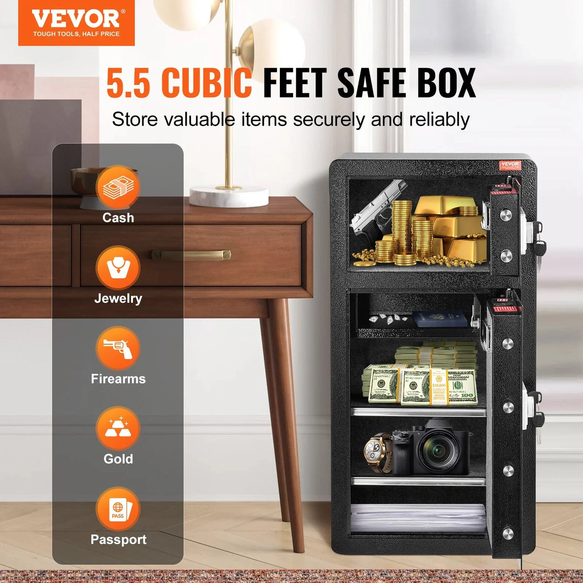 VEVOR Double Door 5.5 cu.ft Safe Box with Key Lock Password Cabinet Black,organize cash, passports, jewelry, gold, watches and documents - View 2
