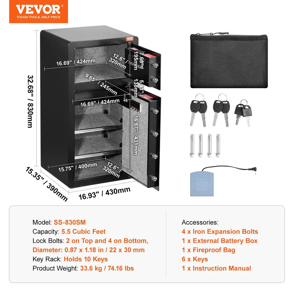 VEVOR Double Door 5.5 cu.ft Safe Box with Key Lock Password Cabinet Black,organize cash, passports, jewelry, gold, watches and documents - View 7