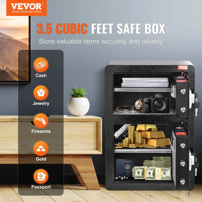 VEVOR Double Doors 3.5 cu.ft Safe Box with Key Lock & Password, Safe Lock Box with Fireproof Bag, Key Rack, LED Light and 2 Height Adjustable and Removable Divider for Money, Documents, Jewelry and Valuables, Black