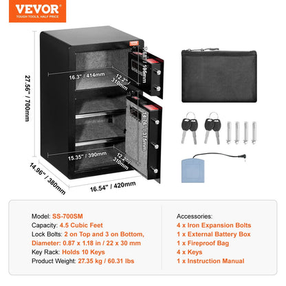 VEVOR Double Doors 4.5 cu.ft Safe Box with Key Lock & Password, Safe Lock Box with Fireproof Bag, Key Rack, LED Light and 2 Height Adjustable and Removable Divider for Money, Documents, Jewelry and Valuables, Black - View 6