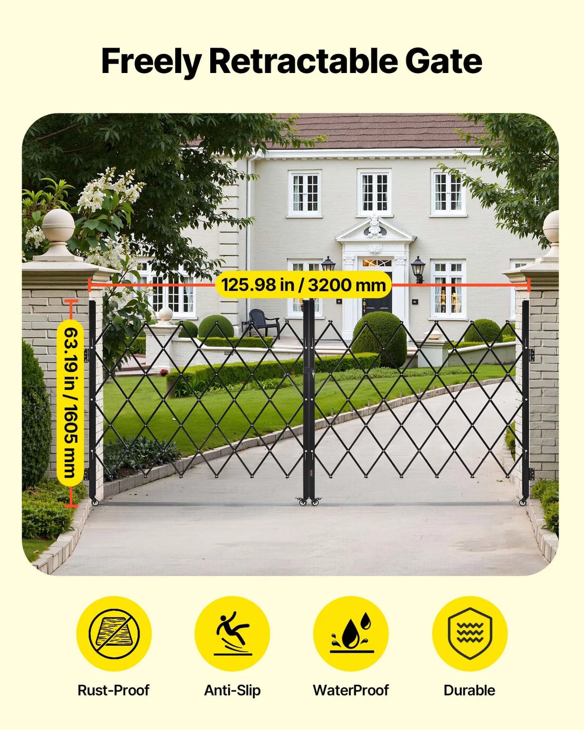 VEVOR Double Folding Security Gate, Lockable Scissor Gate with 360° Swivel Casters, Outdoor Barricade Steel Retractable Gates, for Entry Security, Garage, Warehouse & Pool, 125.98 x 63.19 in (W x H)