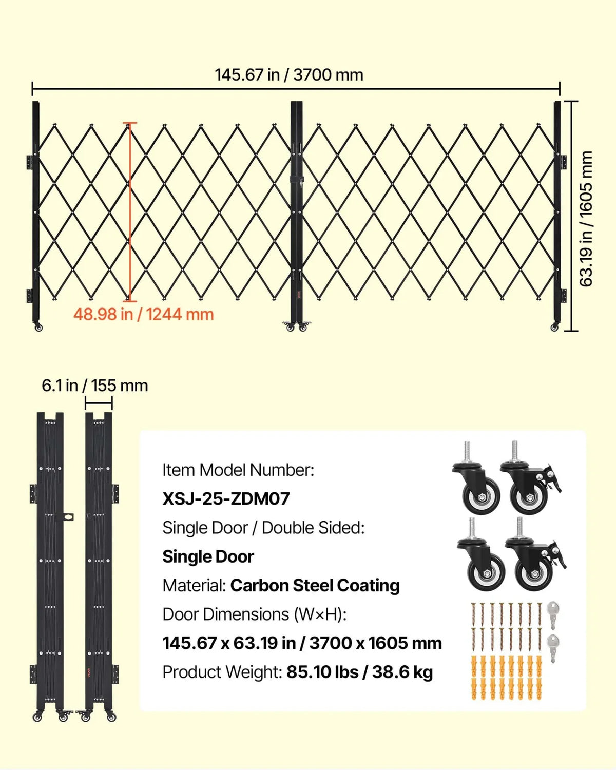VEVOR Double Folding Security Gate, Lockable Scissor Gate with 360° Swivel Casters, Outdoor Barricade Steel Retractable Gates, for Entry Security, Garage, Warehouse & Pool, 145.67 x 63.19 in (W x H) - View 6
