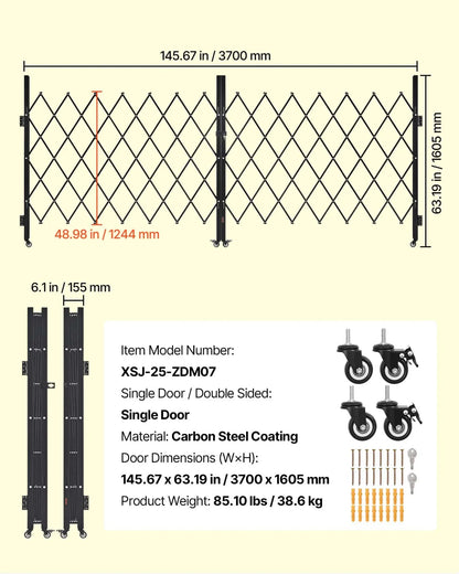 VEVOR Double Folding Security Gate, Lockable Scissor Gate with 360° Swivel Casters, Outdoor Barricade Steel Retractable Gates, for Entry Security, Garage, Warehouse & Pool, 145.67 x 63.19 in (W x H) - View 6