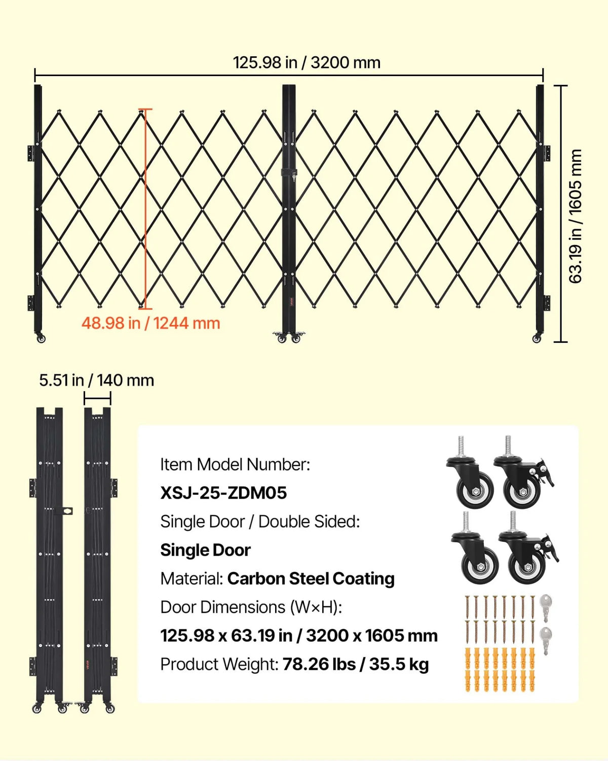 VEVOR Double Folding Security Gate, Lockable Scissor Gate with 360° Swivel Casters, Outdoor Barricade Steel Retractable Gates, for Entry Security, Garage, Warehouse & Pool, 125.98 x 63.19 in (W x H) - View 6